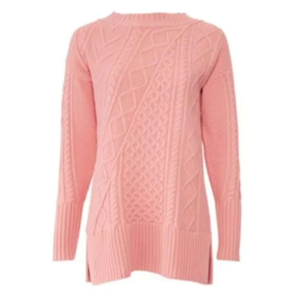 J. Crew Pink Patchwork Cable Knit Wool Tunic Sweater Size Medium
